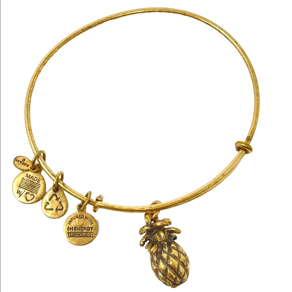 ALEX & ANI Gift Pineapple Charm Gold Tone Bangle Bracelet